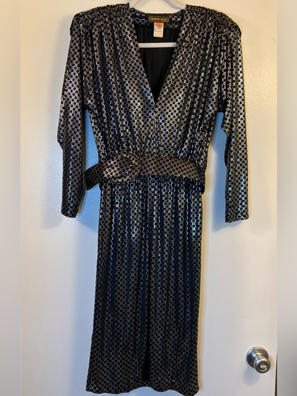 Vintage Disco Glam Mini Dress 70s 80s Silver Metallic Black Belted USA Made